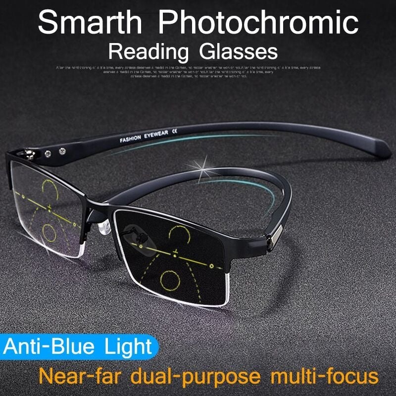MEN'S TITANIUM MULTI-FOCUS READING GLASSES PHOTOCHROMIC PROGRESSIVE DOUBLE LIGHT ANTI-BLUE LIGHT Black +1.00
