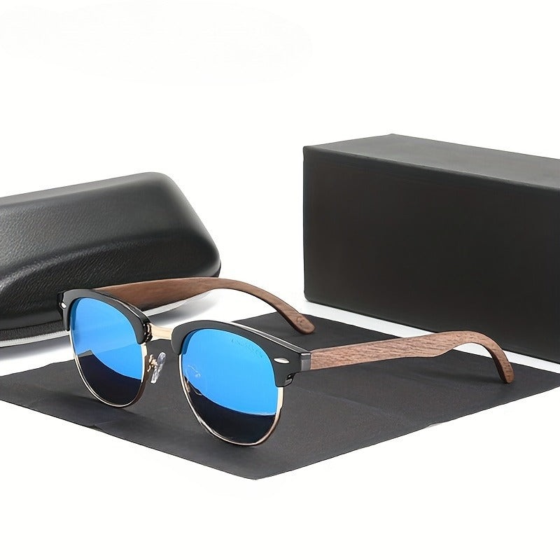 JOLLYNOVA Handmade Black Walnut Fashion Glasses Polarizing Protective Half-frame Retro Glasses for Men And Women Blue