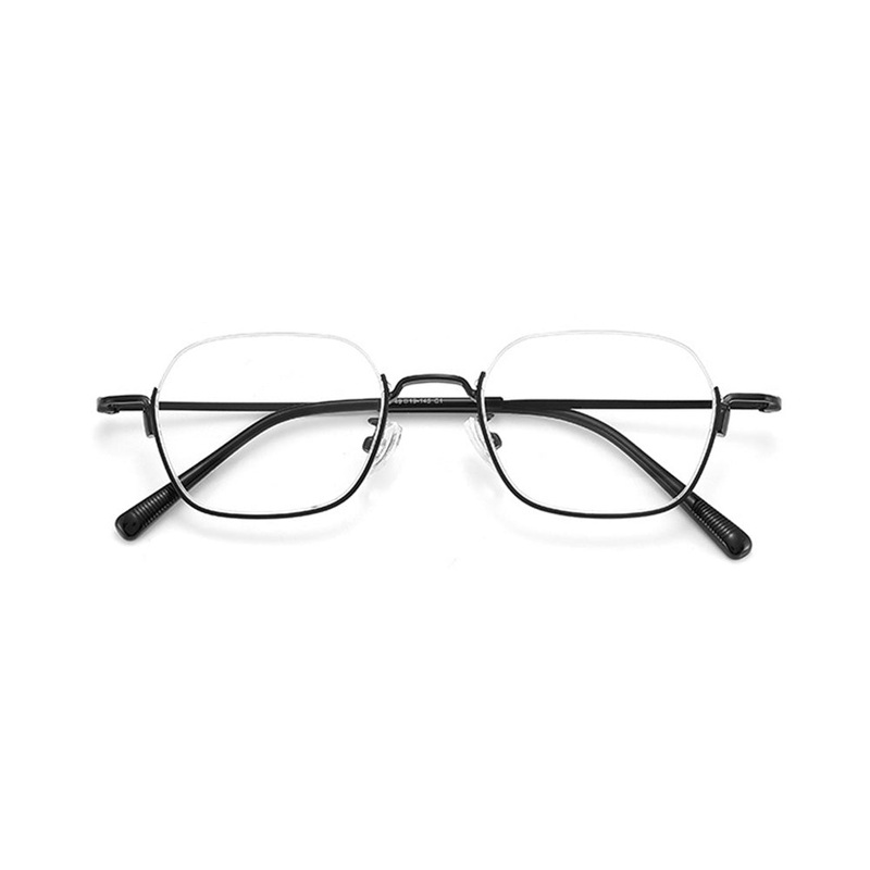 Half Rim Metal Geometric Glasses with Carved Pattern Temples VK2199 Black